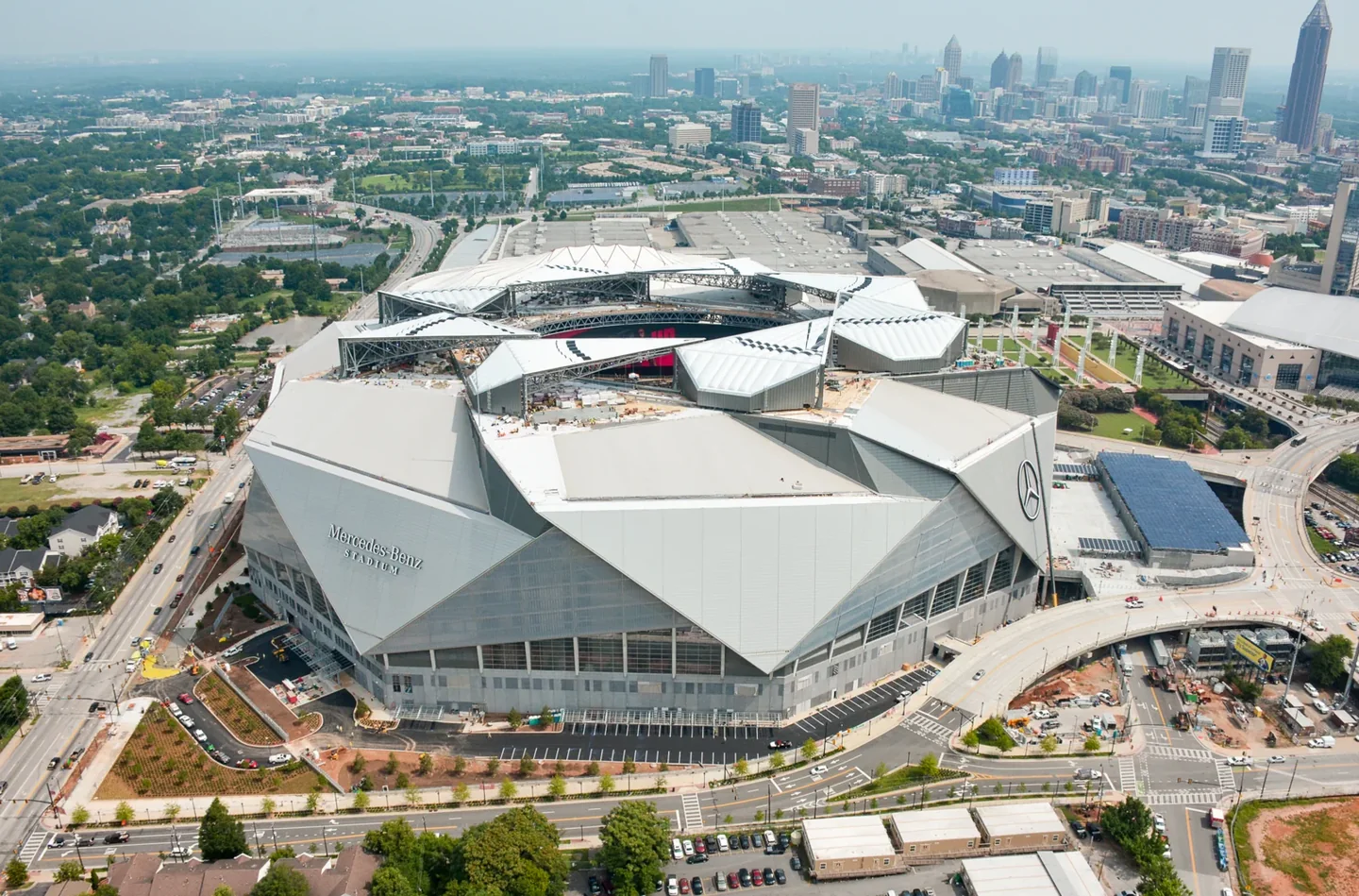 Mercedes-Benz Stadium in Atlanta with its retractable roof open