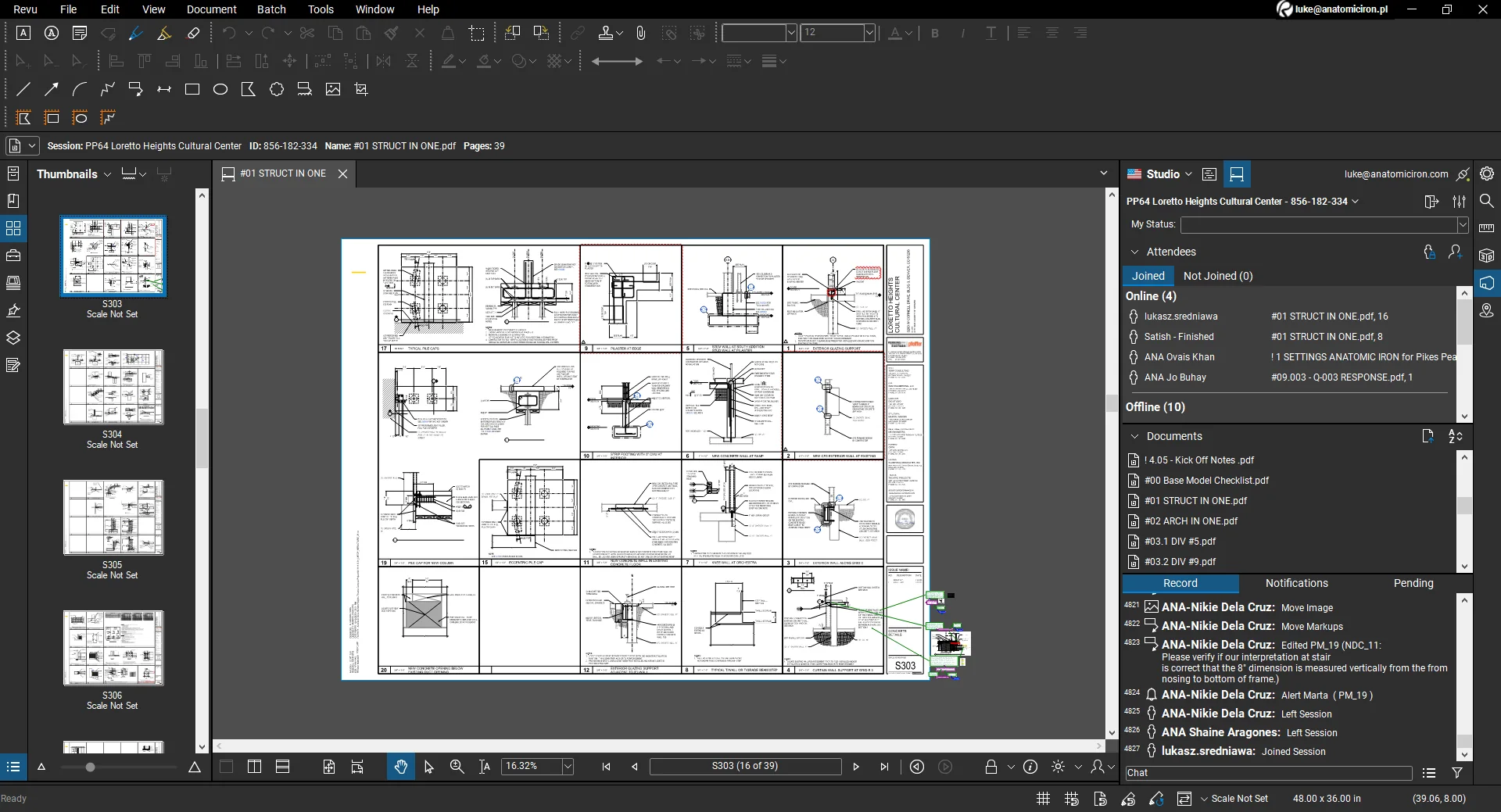 Shared Bluebeam review session showing the drawing set and project participants