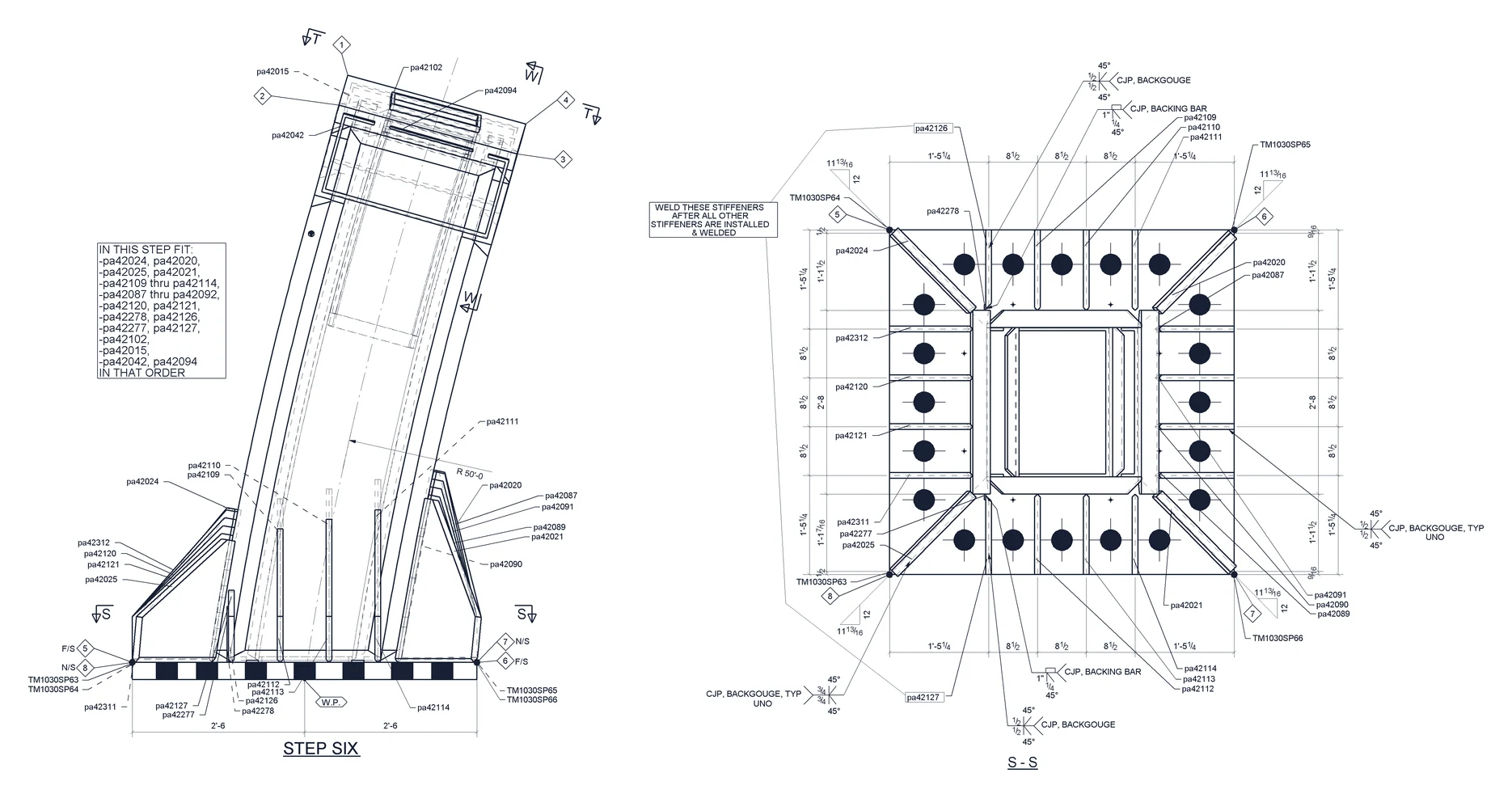 Steel column and base connection drawing with dimensions and bolt positions