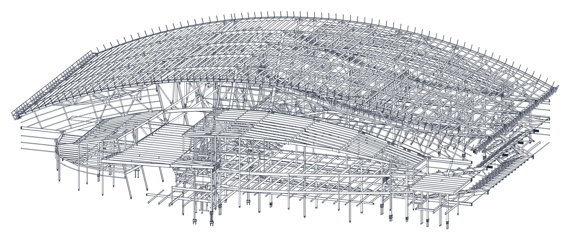 Three-dimensional steel framing model with long-span roof trusses